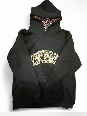Black Hoodie with Leopard Print Logo and Lined Hood
